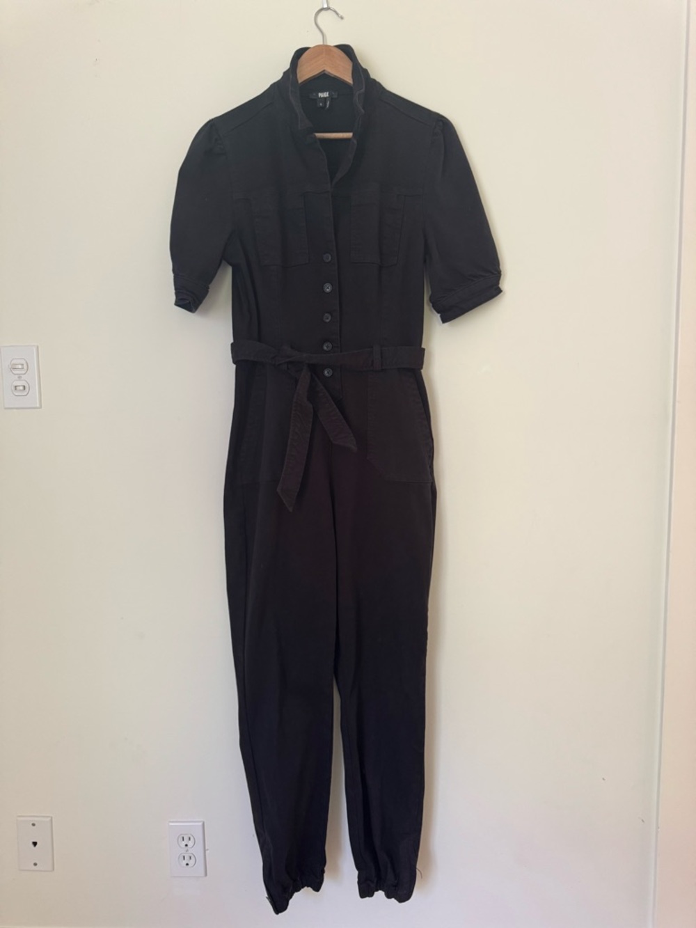 PAIGE Black Short-Sleeve Utility Jumpsuit with Tie Belt